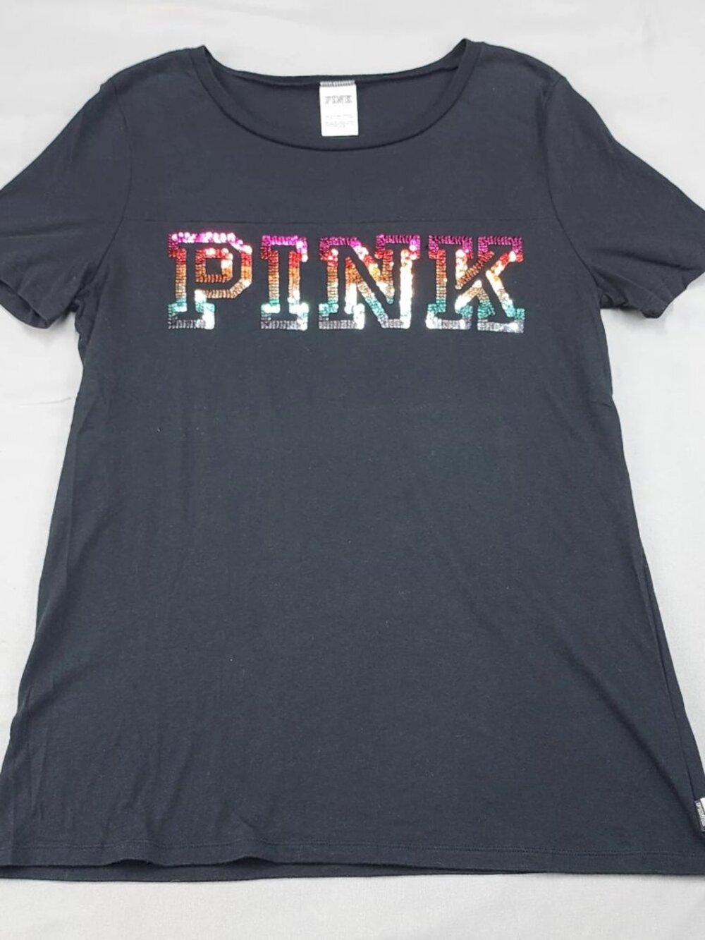Victoria's Secret Pink T-Shirt Women's L Black Rainbow Sequin Logo Short Sleeve